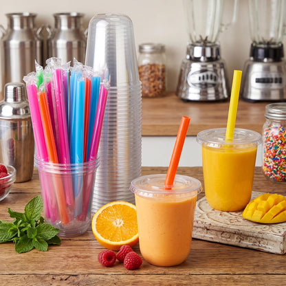 12 Oz Plastic Cups with Lids and Jumbo Straws, Multicolor