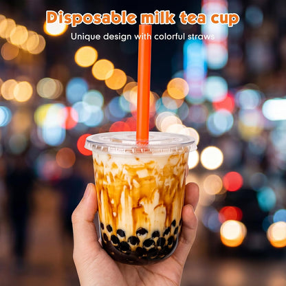 12 Oz Plastic Cups with Lids and Jumbo Straws, Multicolor