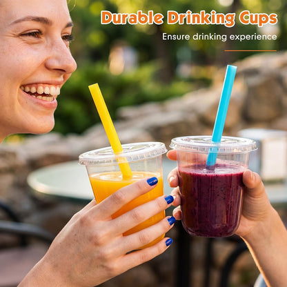 12 Oz Plastic Cups with Lids and Jumbo Straws, Multicolor