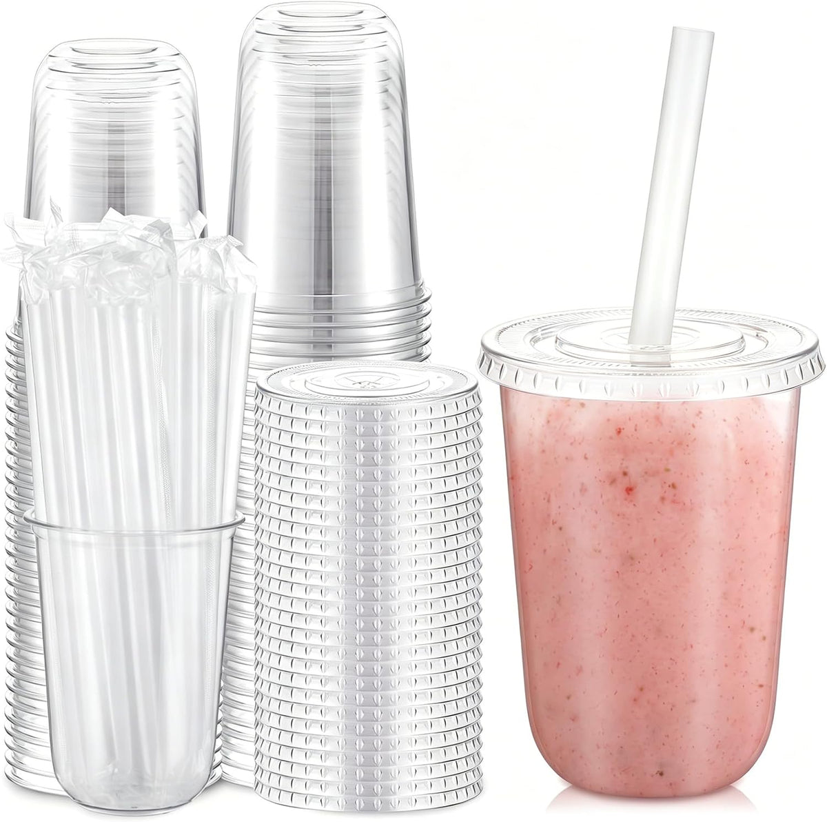 12 Oz Plastic Cups with Lids and Jumbo Straws, Multicolor