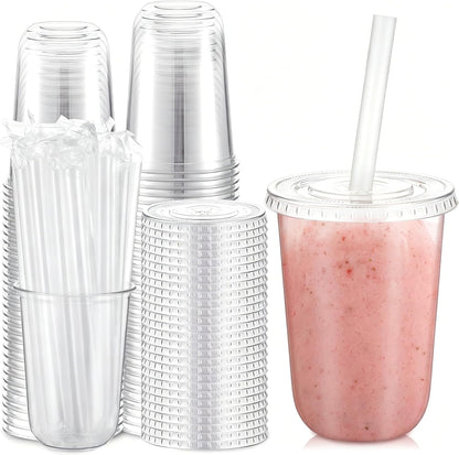 12 Oz Plastic Cups with Lids and Jumbo Straws, Multicolor
