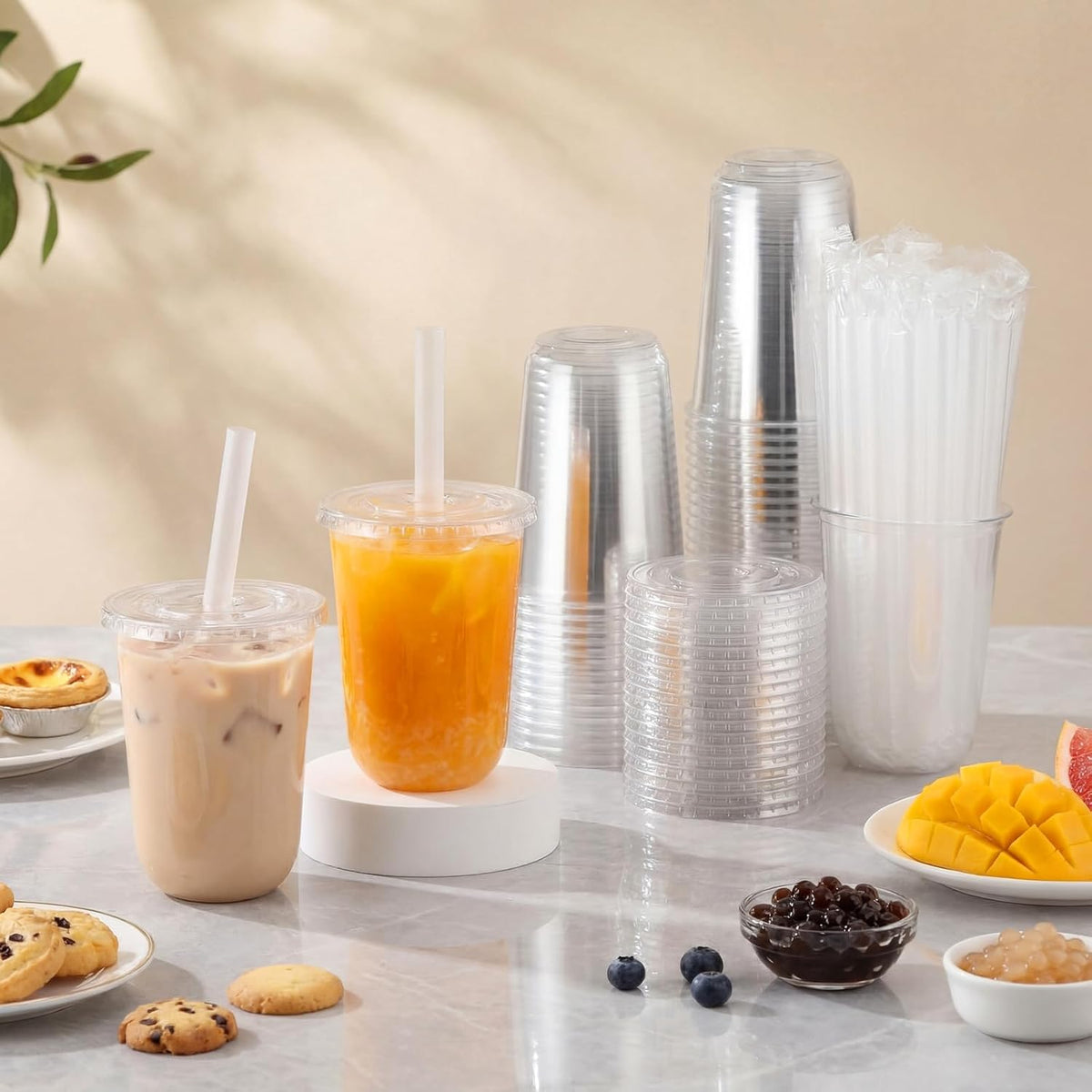 12 Oz Plastic Cups with Lids and Jumbo Straws, Multicolor