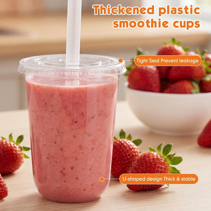 12 Oz Plastic Cups with Lids and Jumbo Straws, Multicolor