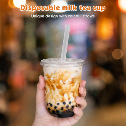 12 Oz Plastic Cups with Lids and Jumbo Straws, Multicolor