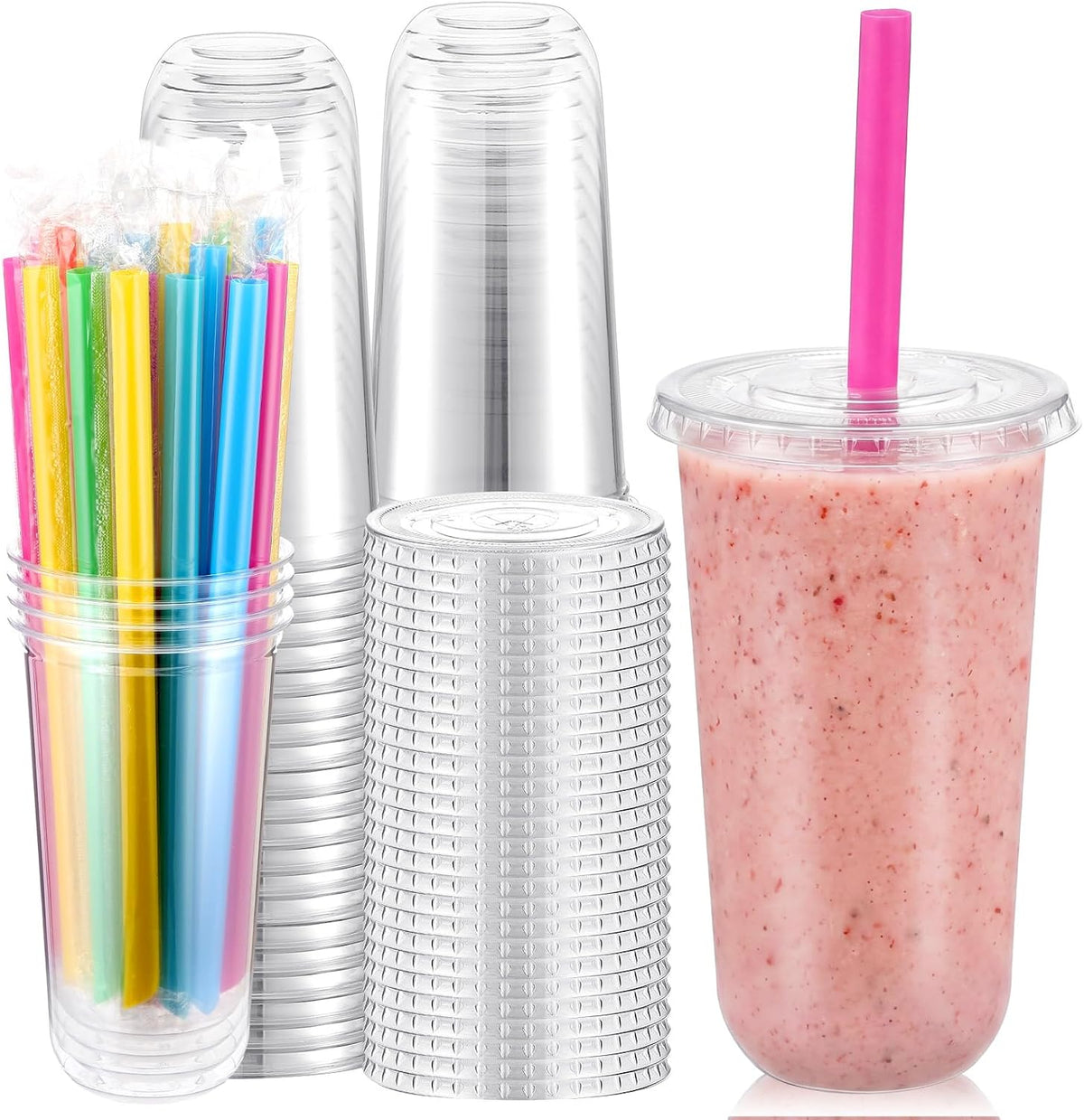 12 Oz Plastic Cups with Lids and Jumbo Straws, Multicolor
