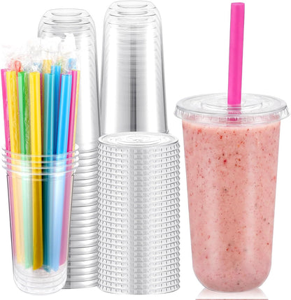 12 Oz Plastic Cups with Lids and Jumbo Straws, Multicolor