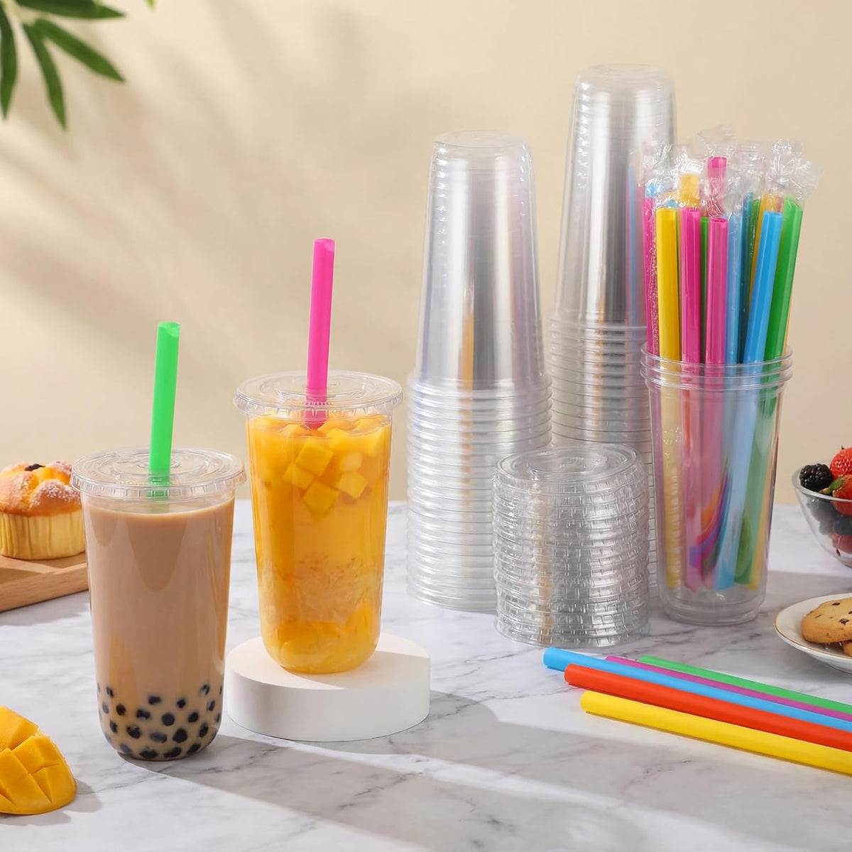 12 Oz Plastic Cups with Lids and Jumbo Straws, Multicolor