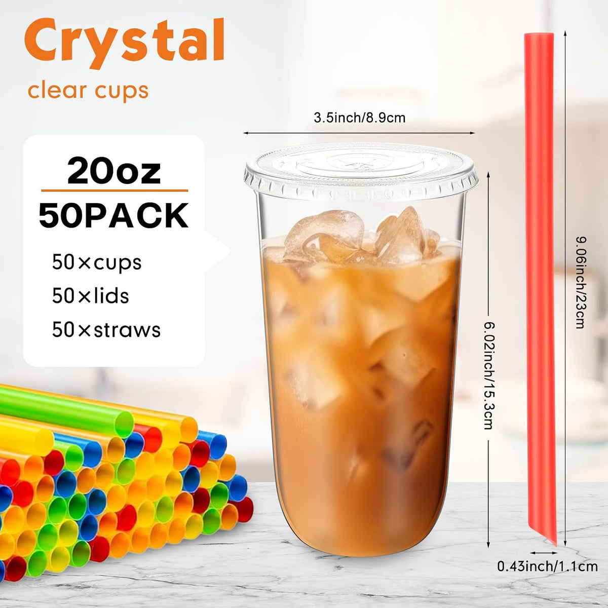 12 Oz Plastic Cups with Lids and Jumbo Straws, Multicolor