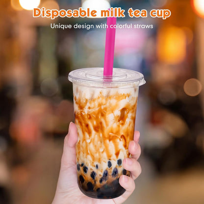 12 Oz Plastic Cups with Lids and Jumbo Straws, Multicolor