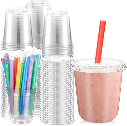12 Oz Plastic Cups with Lids and Jumbo Straws, Multicolor