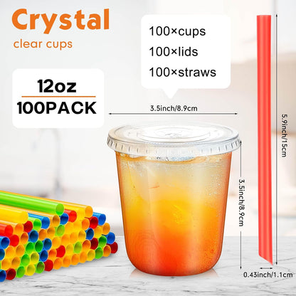 12 Oz Plastic Cups with Lids and Jumbo Straws, Multicolor