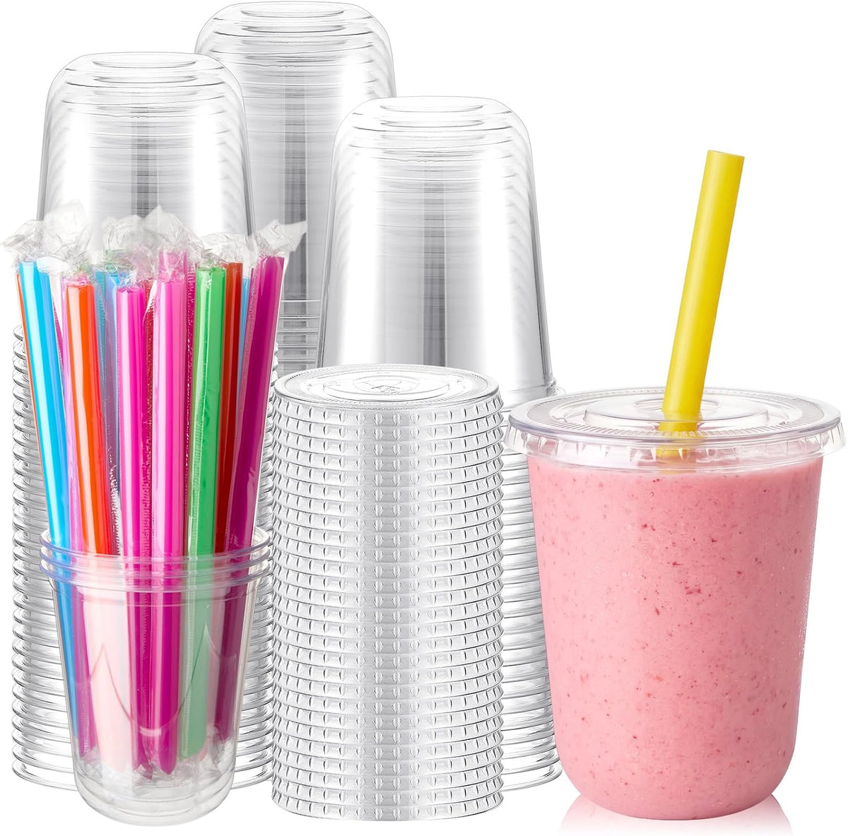 12 Oz Plastic Cups with Lids and Jumbo Straws, Multicolor