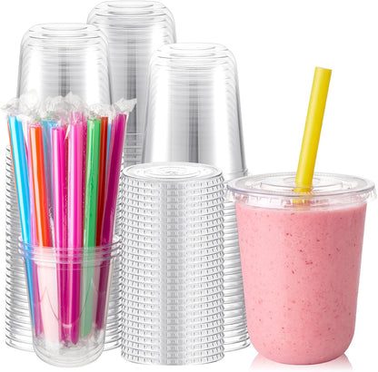 12 Oz Plastic Cups with Lids and Jumbo Straws, Multicolor