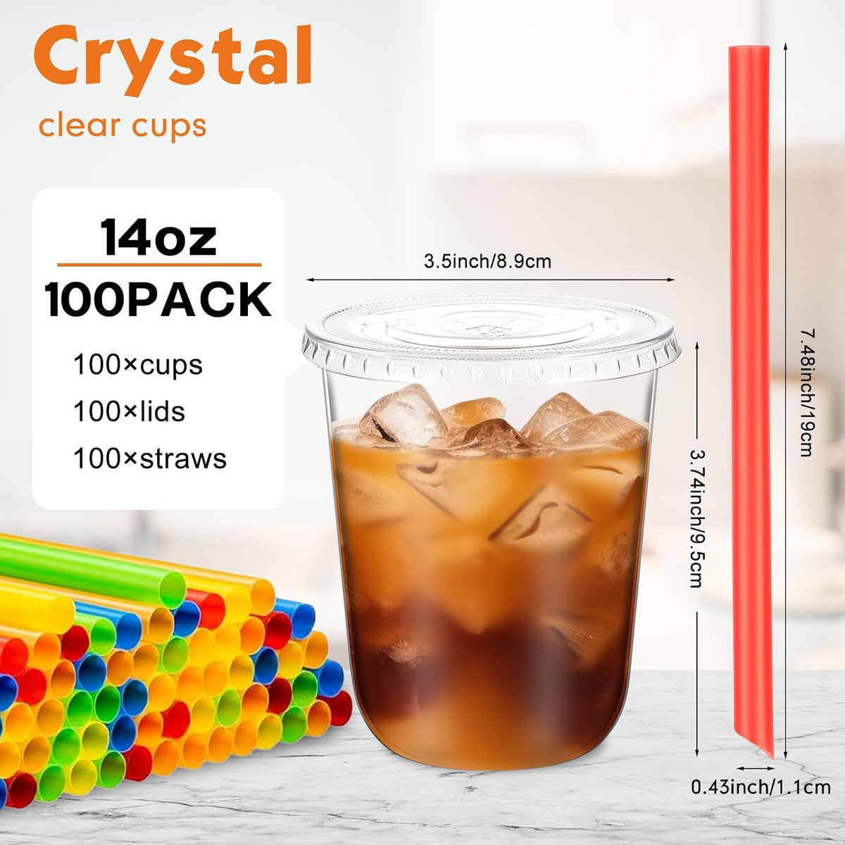 12 Oz Plastic Cups with Lids and Jumbo Straws, Multicolor