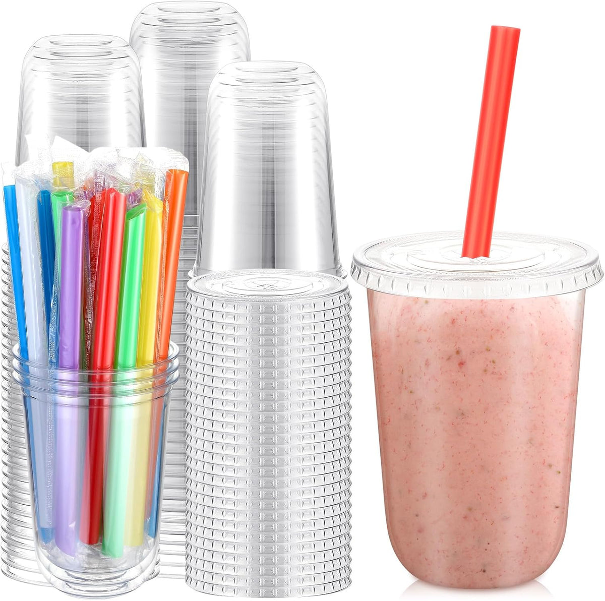 12 Oz Plastic Cups with Lids and Jumbo Straws, Multicolor