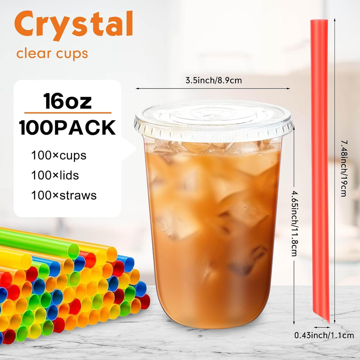 12 Oz Plastic Cups with Lids and Jumbo Straws, Multicolor