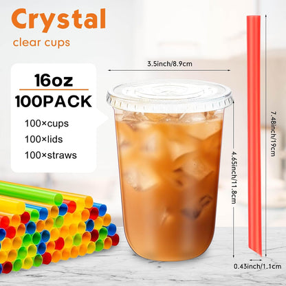 12 Oz Plastic Cups with Lids and Jumbo Straws, Multicolor