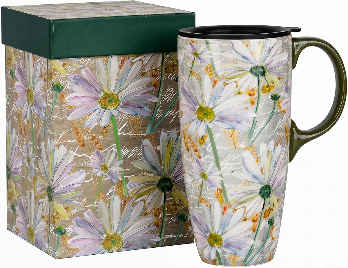 17oz Ceramic Coffee Mug with Lid & Gift Box | Vintage Script Blue Orange Daisy Tea Cup, Microwave Dishwasher & Oven Safe for Home Office Use