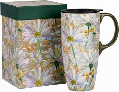 17oz Ceramic Coffee Mug with Lid & Gift Box | Vintage Script Blue Orange Daisy Tea Cup, Microwave Dishwasher & Oven Safe for Home Office Use