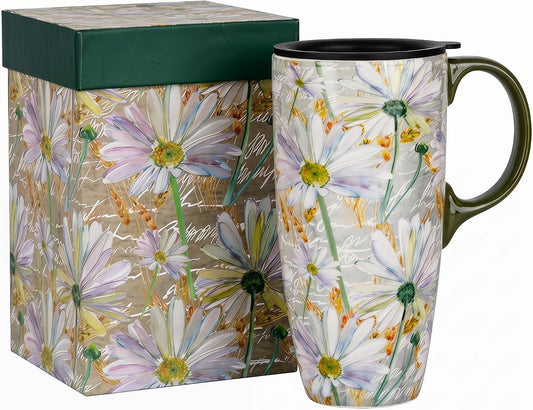 17oz Ceramic Coffee Mug with Lid & Gift Box | Vintage Script Blue Orange Daisy Tea Cup, Microwave Dishwasher & Oven Safe for Home Office Use