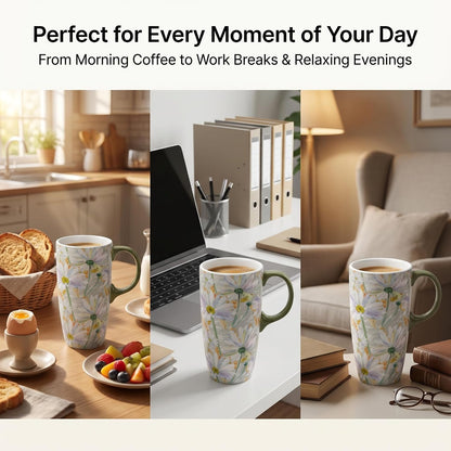 17oz Ceramic Coffee Mug with Lid & Gift Box | Vintage Script Blue Orange Daisy Tea Cup, Microwave Dishwasher & Oven Safe for Home Office Use