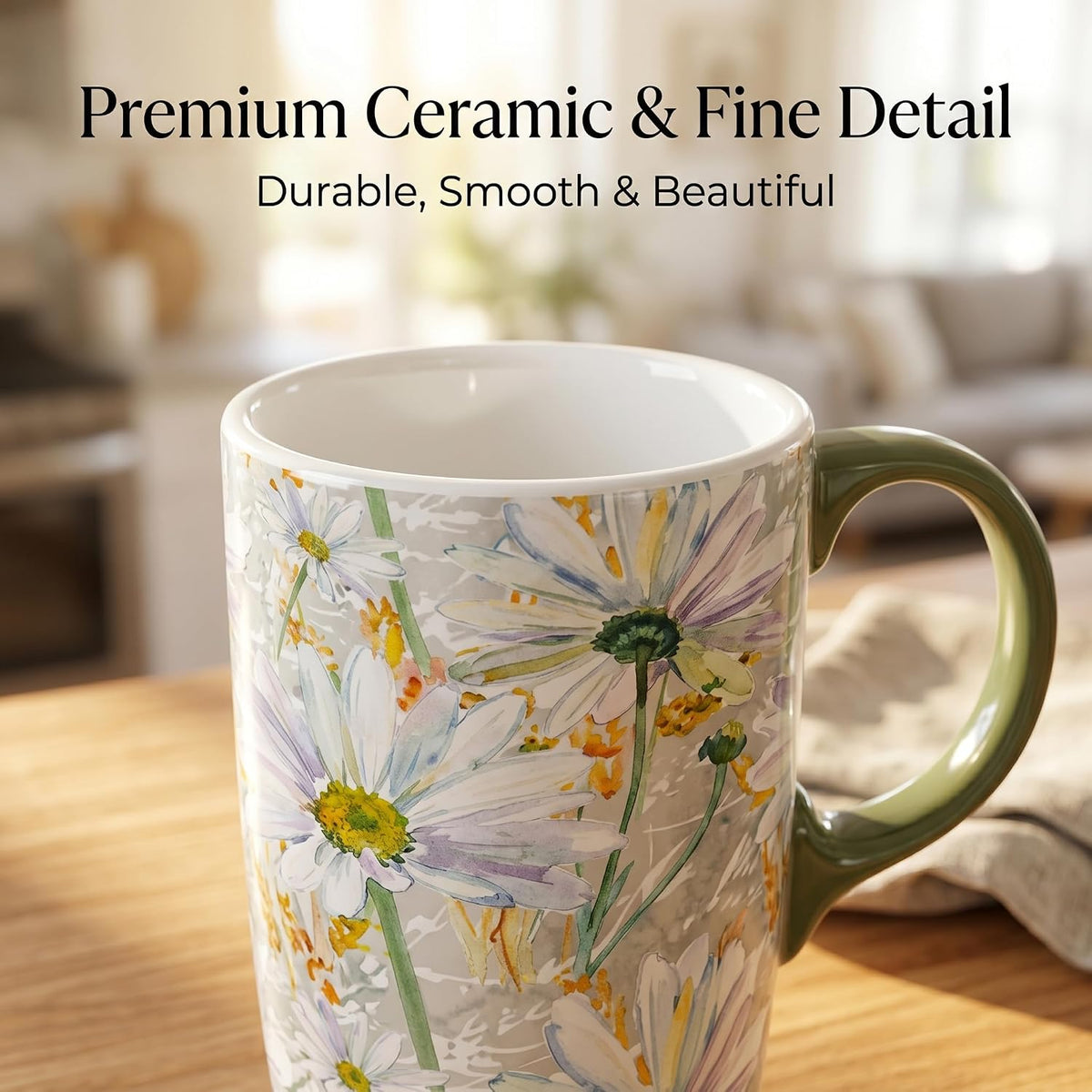 17oz Ceramic Coffee Mug with Lid & Gift Box | Vintage Script Blue Orange Daisy Tea Cup, Microwave Dishwasher & Oven Safe for Home Office Use