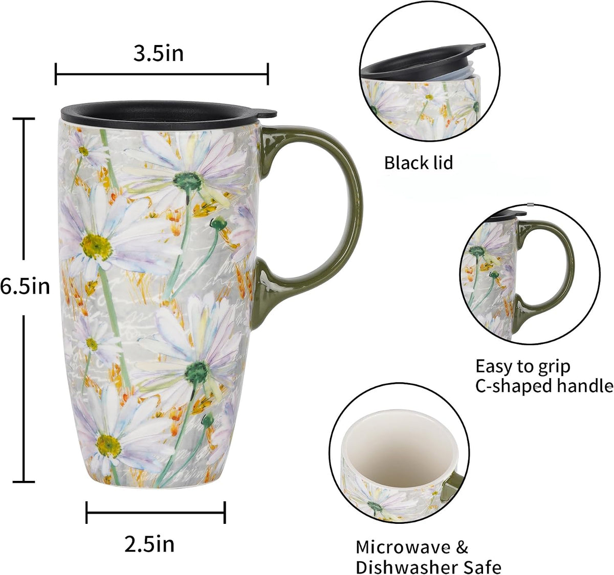 17oz Ceramic Coffee Mug with Lid & Gift Box | Vintage Script Blue Orange Daisy Tea Cup, Microwave Dishwasher & Oven Safe for Home Office Use