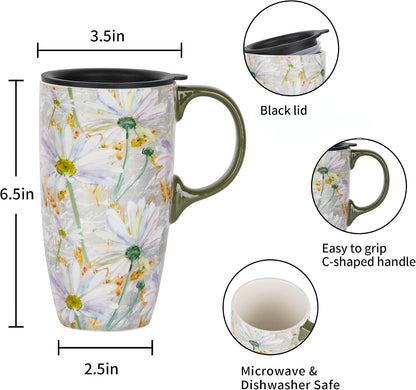 17oz Ceramic Coffee Mug with Lid & Gift Box | Vintage Script Blue Orange Daisy Tea Cup, Microwave Dishwasher & Oven Safe for Home Office Use