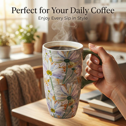 17oz Ceramic Coffee Mug with Lid & Gift Box | Vintage Script Blue Orange Daisy Tea Cup, Microwave Dishwasher & Oven Safe for Home Office Use