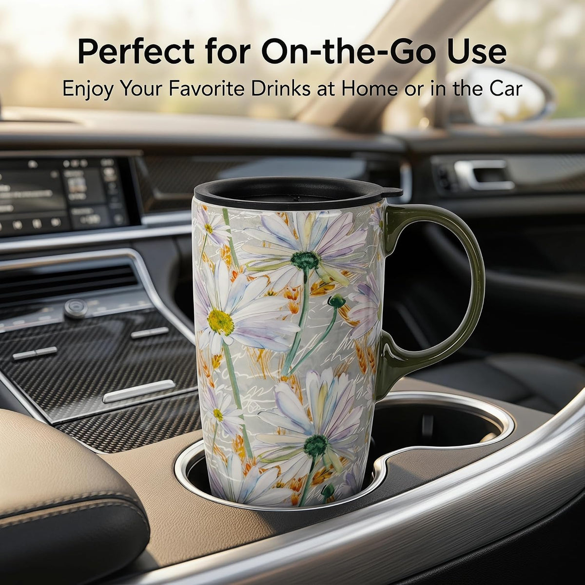 17oz Ceramic Coffee Mug with Lid & Gift Box | Vintage Script Blue Orange Daisy Tea Cup, Microwave Dishwasher & Oven Safe for Home Office Use