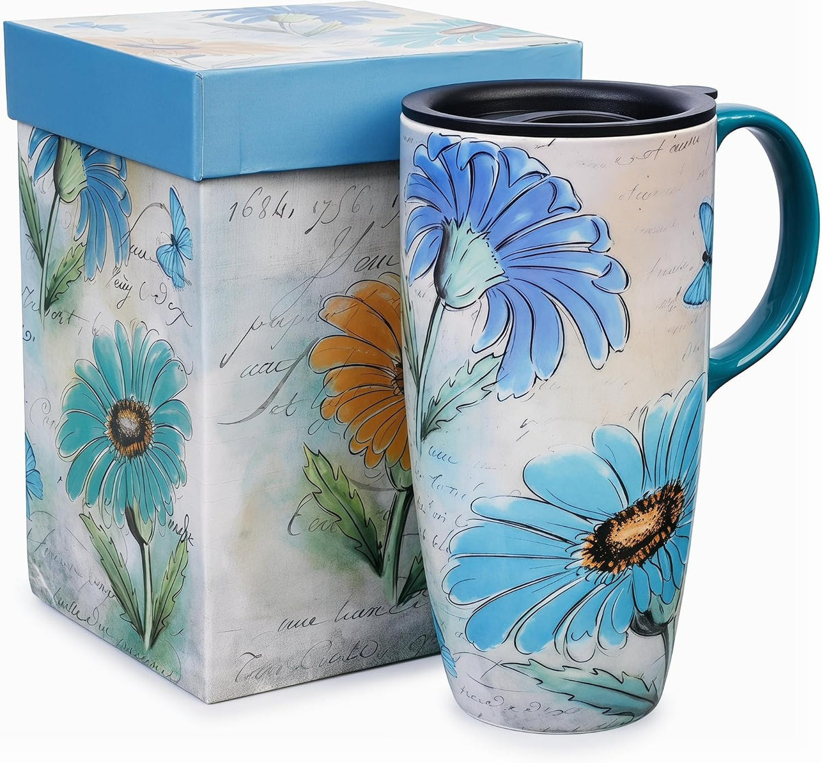 17oz Ceramic Coffee Mug with Lid & Gift Box | Vintage Script Blue Orange Daisy Tea Cup, Microwave Dishwasher & Oven Safe for Home Office Use