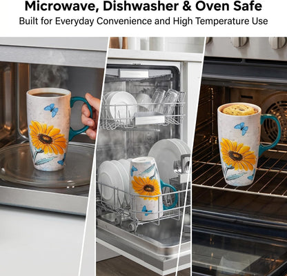 17oz Ceramic Coffee Mug with Lid & Gift Box | Vintage Script Blue Orange Daisy Tea Cup, Microwave Dishwasher & Oven Safe for Home Office Use