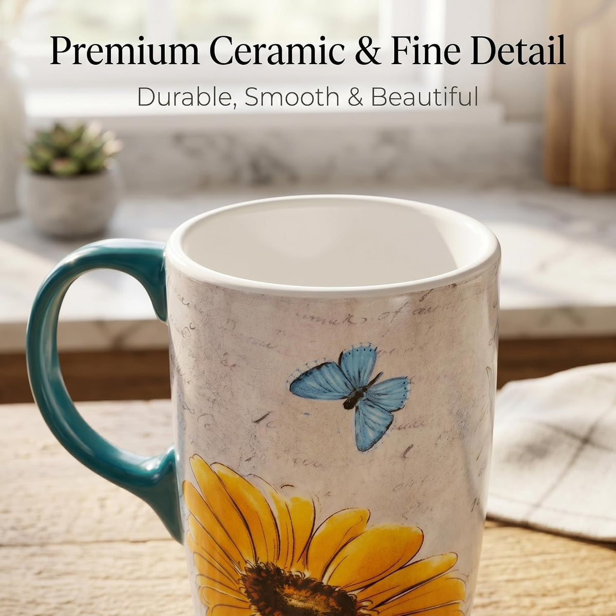 17oz Ceramic Coffee Mug with Lid & Gift Box | Vintage Script Blue Orange Daisy Tea Cup, Microwave Dishwasher & Oven Safe for Home Office Use