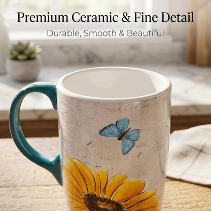 17oz Ceramic Coffee Mug with Lid & Gift Box | Vintage Script Blue Orange Daisy Tea Cup, Microwave Dishwasher & Oven Safe for Home Office Use