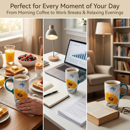 17oz Ceramic Coffee Mug with Lid & Gift Box | Vintage Script Blue Orange Daisy Tea Cup, Microwave Dishwasher & Oven Safe for Home Office Use