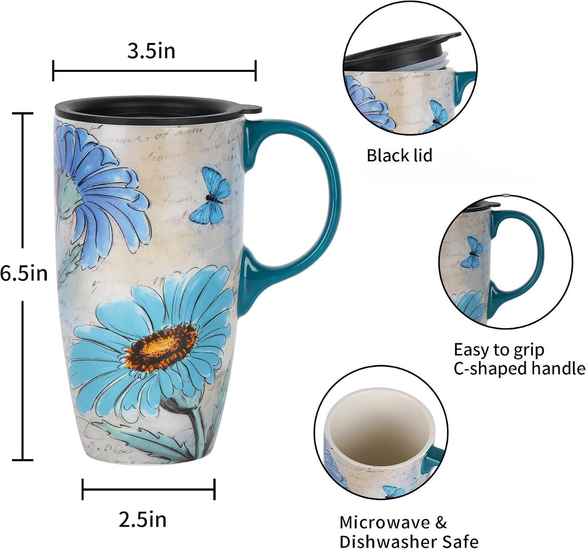 17oz Ceramic Coffee Mug with Lid & Gift Box | Vintage Script Blue Orange Daisy Tea Cup, Microwave Dishwasher & Oven Safe for Home Office Use
