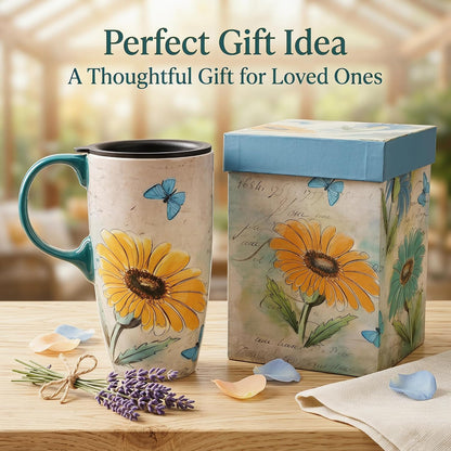 17oz Ceramic Coffee Mug with Lid & Gift Box | Vintage Script Blue Orange Daisy Tea Cup, Microwave Dishwasher & Oven Safe for Home Office Use
