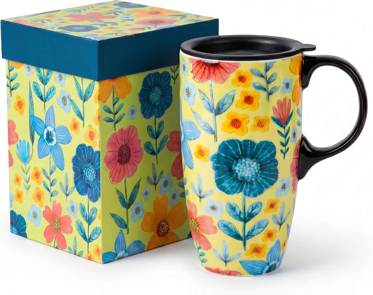 17oz Ceramic Coffee Mug with Lid & Gift Box | Vintage Script Blue Orange Daisy Tea Cup, Microwave Dishwasher & Oven Safe for Home Office Use