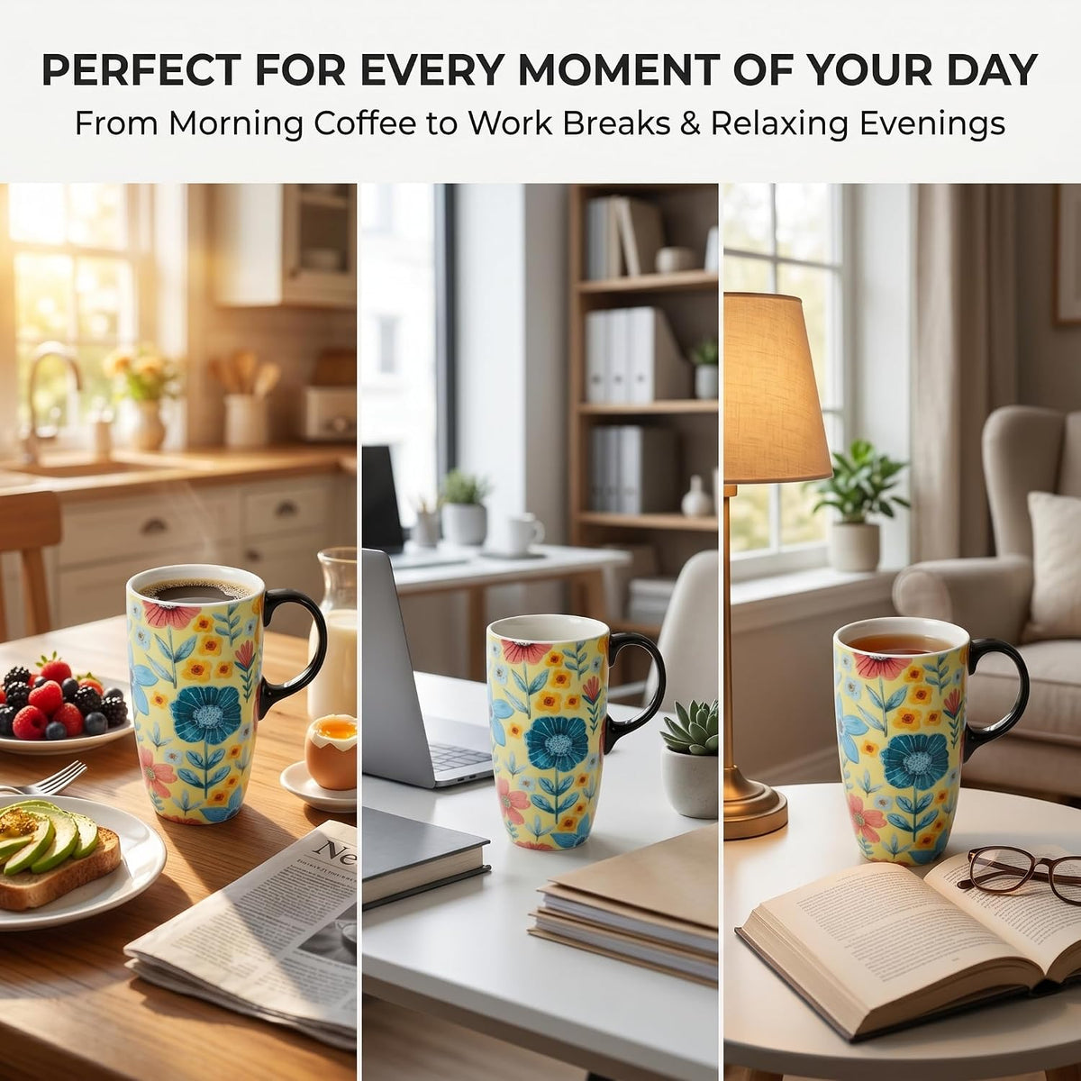 17oz Ceramic Coffee Mug with Lid & Gift Box | Vintage Script Blue Orange Daisy Tea Cup, Microwave Dishwasher & Oven Safe for Home Office Use