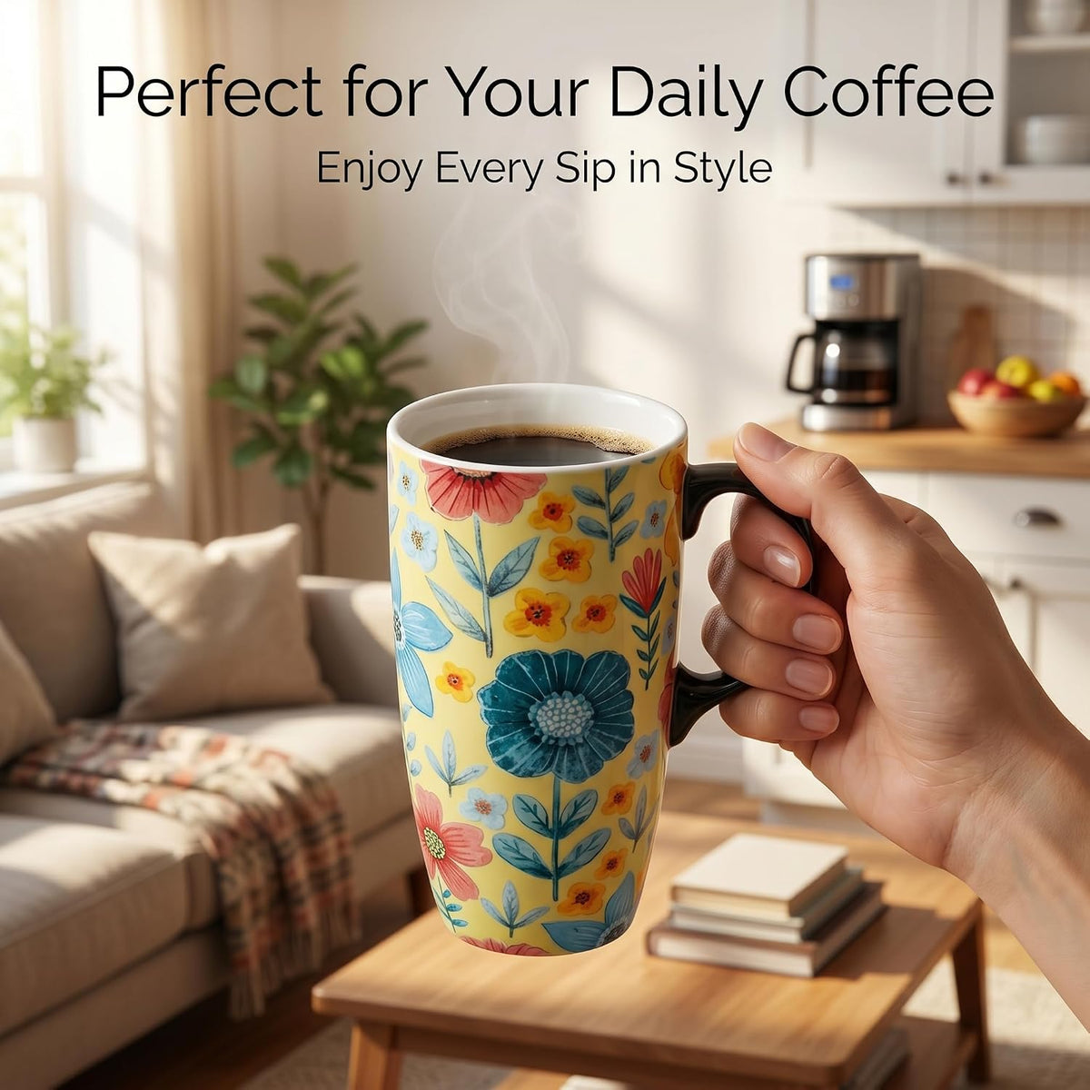 17oz Ceramic Coffee Mug with Lid & Gift Box | Vintage Script Blue Orange Daisy Tea Cup, Microwave Dishwasher & Oven Safe for Home Office Use