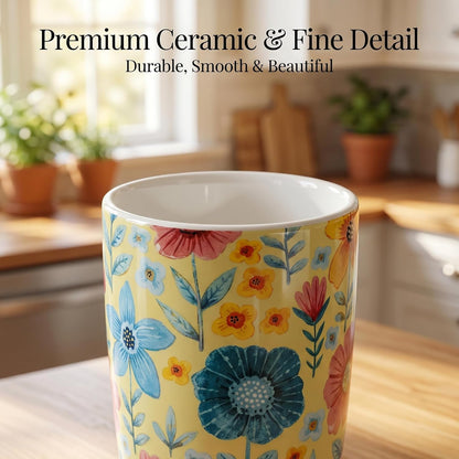 17oz Ceramic Coffee Mug with Lid & Gift Box | Vintage Script Blue Orange Daisy Tea Cup, Microwave Dishwasher & Oven Safe for Home Office Use