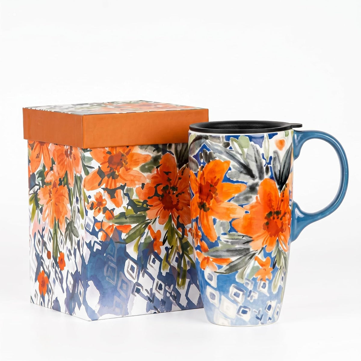 17oz Ceramic Coffee Mug with Lid & Gift Box | Vintage Script Blue Orange Daisy Tea Cup, Microwave Dishwasher & Oven Safe for Home Office Use