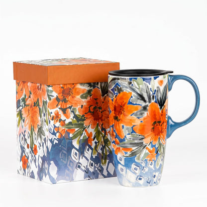 17oz Ceramic Coffee Mug with Lid & Gift Box | Vintage Script Blue Orange Daisy Tea Cup, Microwave Dishwasher & Oven Safe for Home Office Use
