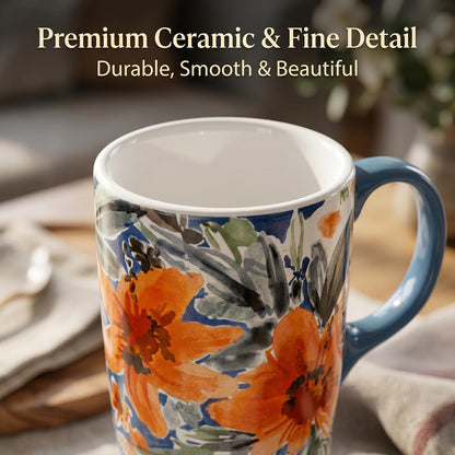 17oz Ceramic Coffee Mug with Lid & Gift Box | Vintage Script Blue Orange Daisy Tea Cup, Microwave Dishwasher & Oven Safe for Home Office Use
