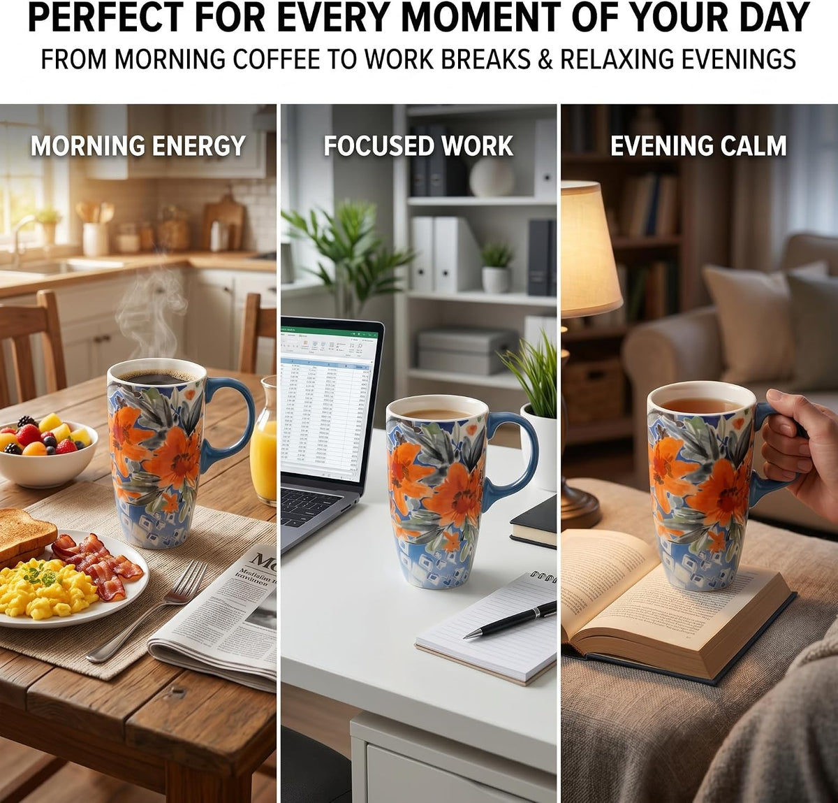 17oz Ceramic Coffee Mug with Lid & Gift Box | Vintage Script Blue Orange Daisy Tea Cup, Microwave Dishwasher & Oven Safe for Home Office Use
