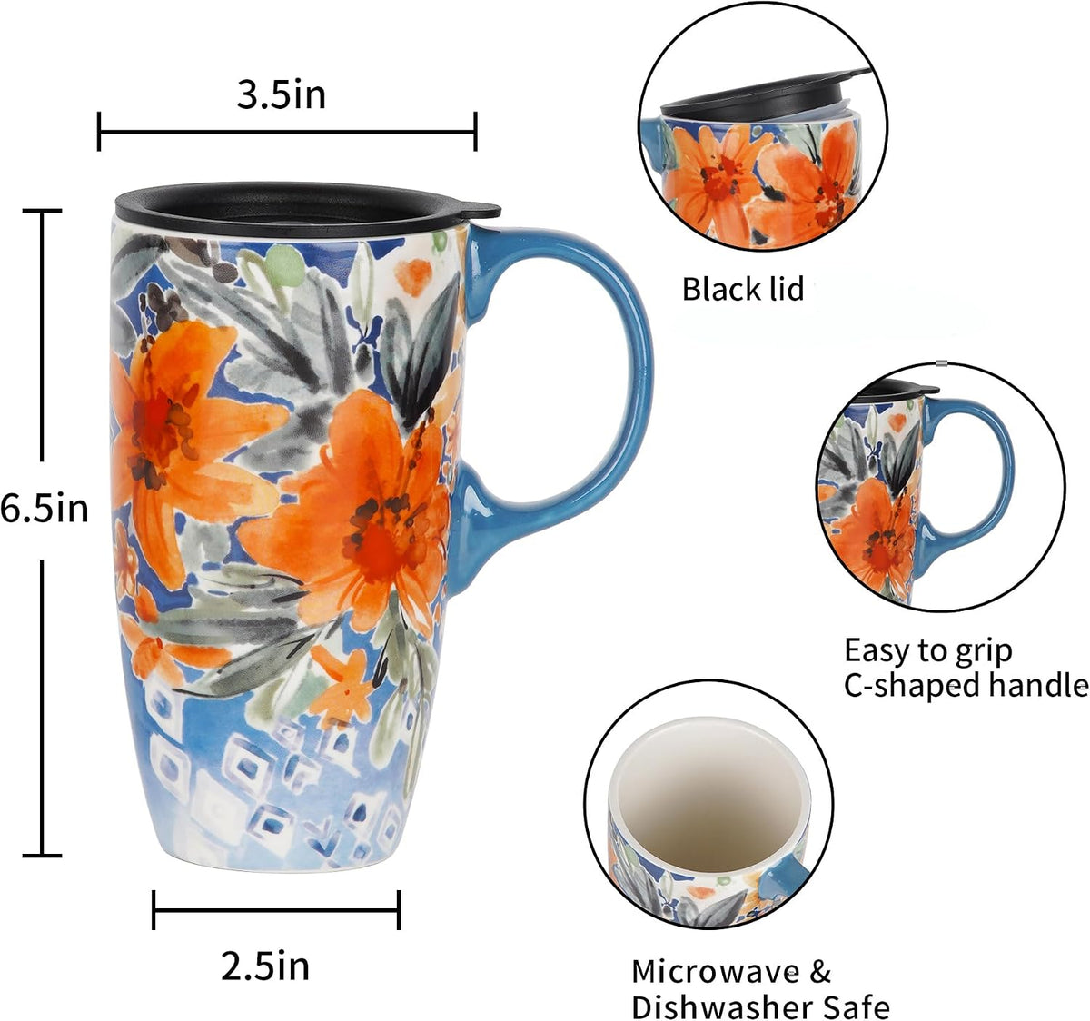 17oz Ceramic Coffee Mug with Lid & Gift Box | Vintage Script Blue Orange Daisy Tea Cup, Microwave Dishwasher & Oven Safe for Home Office Use