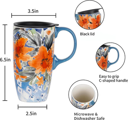 17oz Ceramic Coffee Mug with Lid & Gift Box | Vintage Script Blue Orange Daisy Tea Cup, Microwave Dishwasher & Oven Safe for Home Office Use