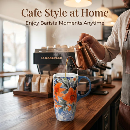 17oz Ceramic Coffee Mug with Lid & Gift Box | Vintage Script Blue Orange Daisy Tea Cup, Microwave Dishwasher & Oven Safe for Home Office Use