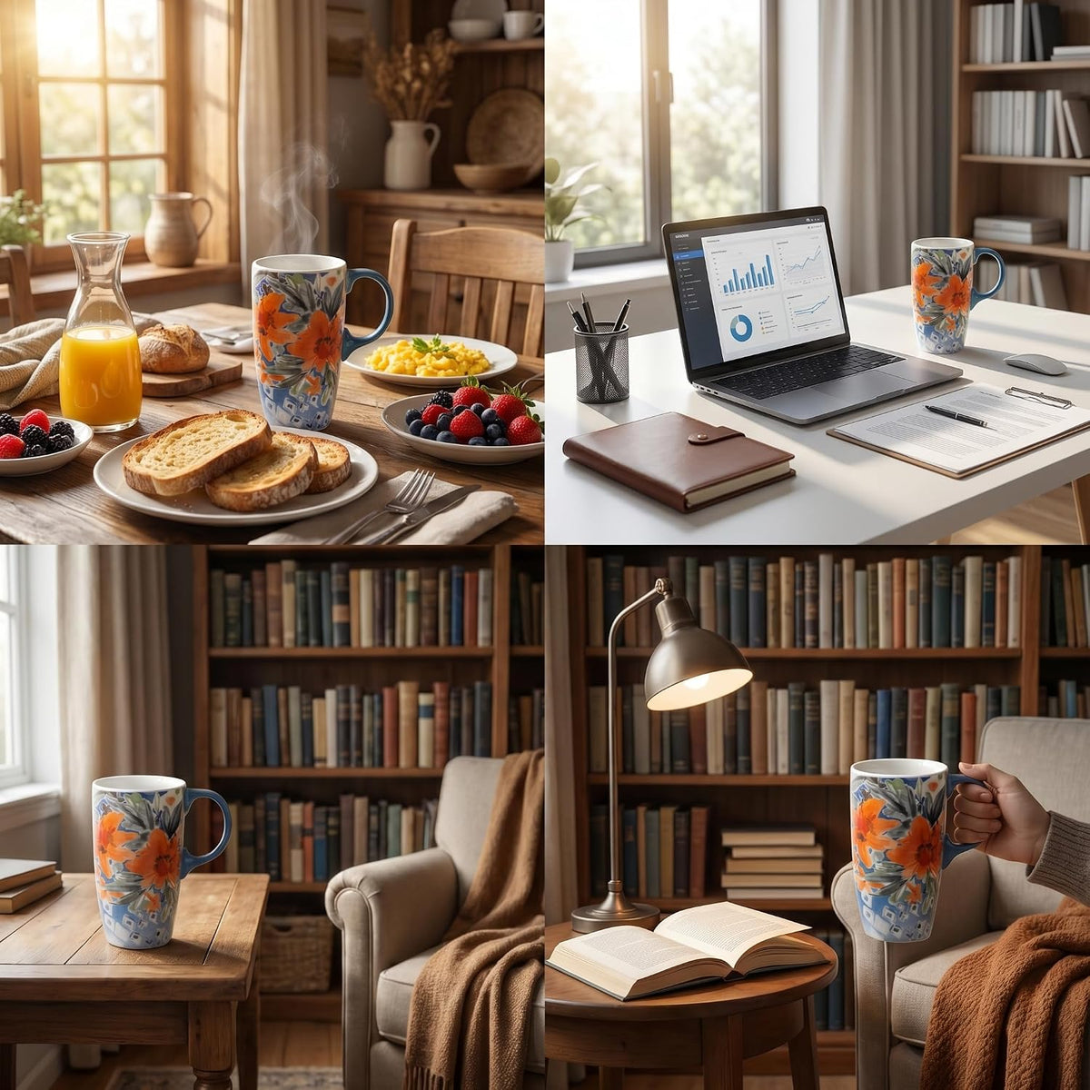17oz Ceramic Coffee Mug with Lid & Gift Box | Vintage Script Blue Orange Daisy Tea Cup, Microwave Dishwasher & Oven Safe for Home Office Use