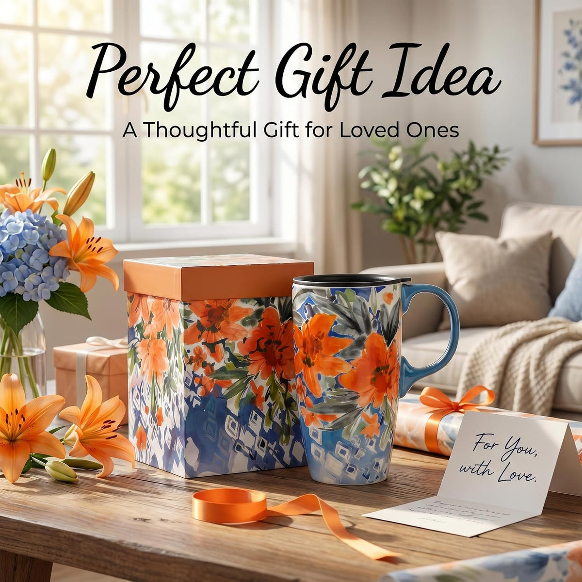 17oz Ceramic Coffee Mug with Lid & Gift Box | Vintage Script Blue Orange Daisy Tea Cup, Microwave Dishwasher & Oven Safe for Home Office Use